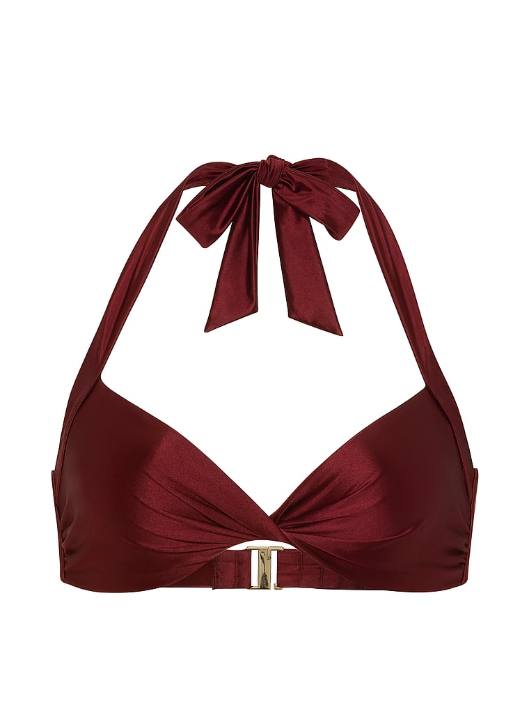 Victoria's Secret, Victoria's Secret Swim Satin Shine Twist Halter Bikini Top, Cherrywood, offModelFront, 3 of 4