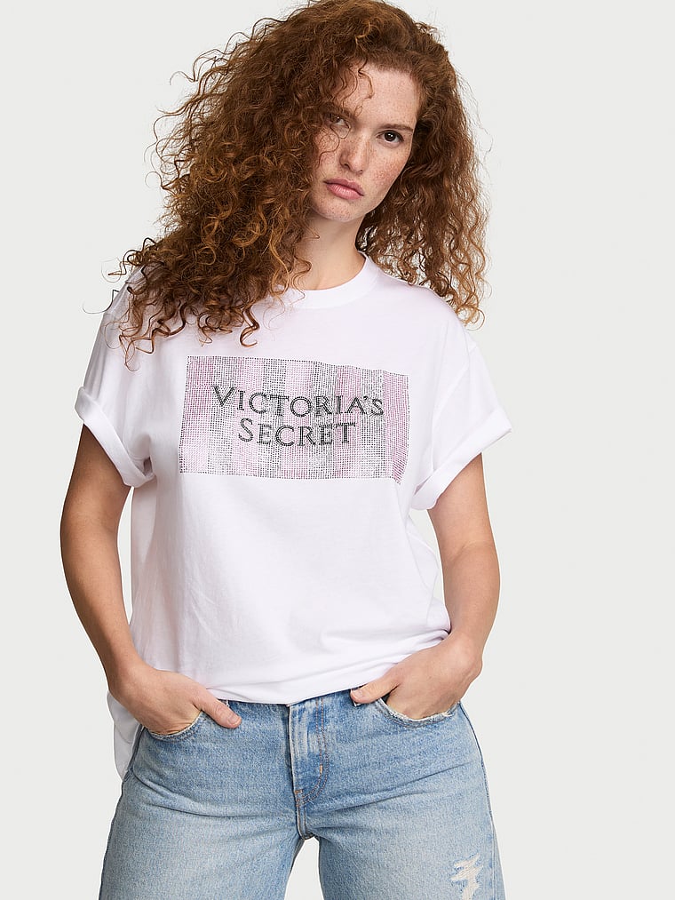Victoria's Secret, Angel Essentials 100% Cotton Oversized Tee, VS White, onModelFront, 1 of 3