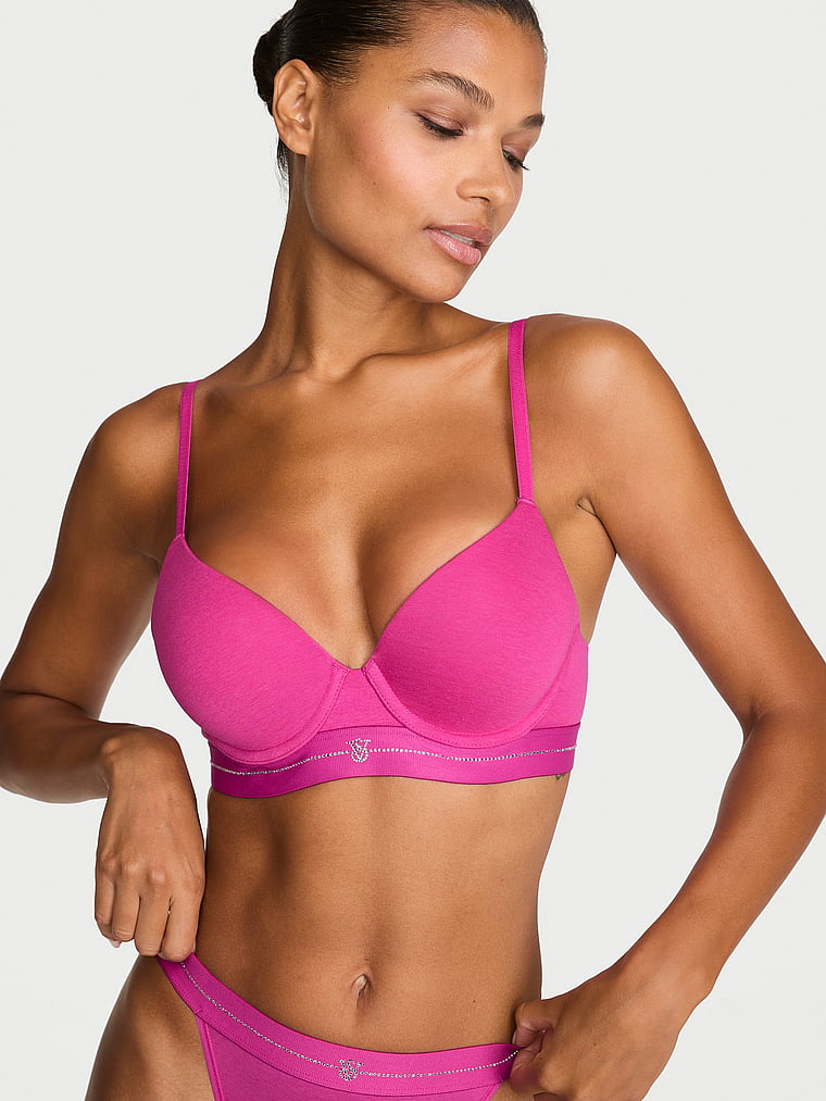 Victoria's Secret, The T-shirt Perfect Shape Cotton Lace-Trim Push-Up Bra, Pink Fire, onModelFront, 1 of 3