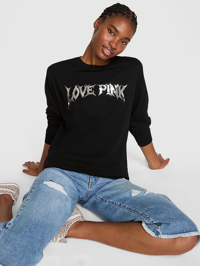 PINK Campus Cotton™ Long-Sleeve Tee, Pure Black Halloween, onModelFront, 1 of 3