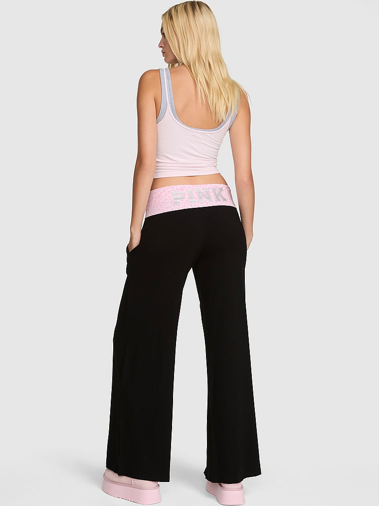 PINK All-Day Cotton™ Foldover Wide-Leg Pants, Pure Black Pink Leopard With Bling Waistband, onModelBack, 2 of 4