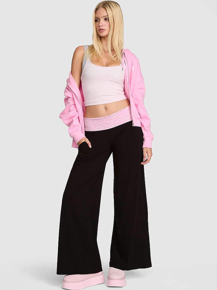 PINK All-Day Cotton™ Foldover Wide-Leg Pants, Pure Black Pink Leopard With Bling Waistband, onModelFront, 1 of 4