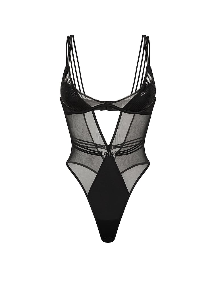 Victoria's Secret, Very Sexy Wave Stripe Embroidery Bodysuit, Black Wave, offModelFront, 4 of 4
