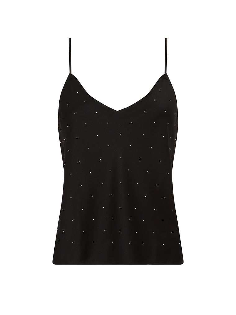 Victoria's Secret, Victoria's Secret Shine Shop Satin Cami, Black, offModelFront, 4 of 5