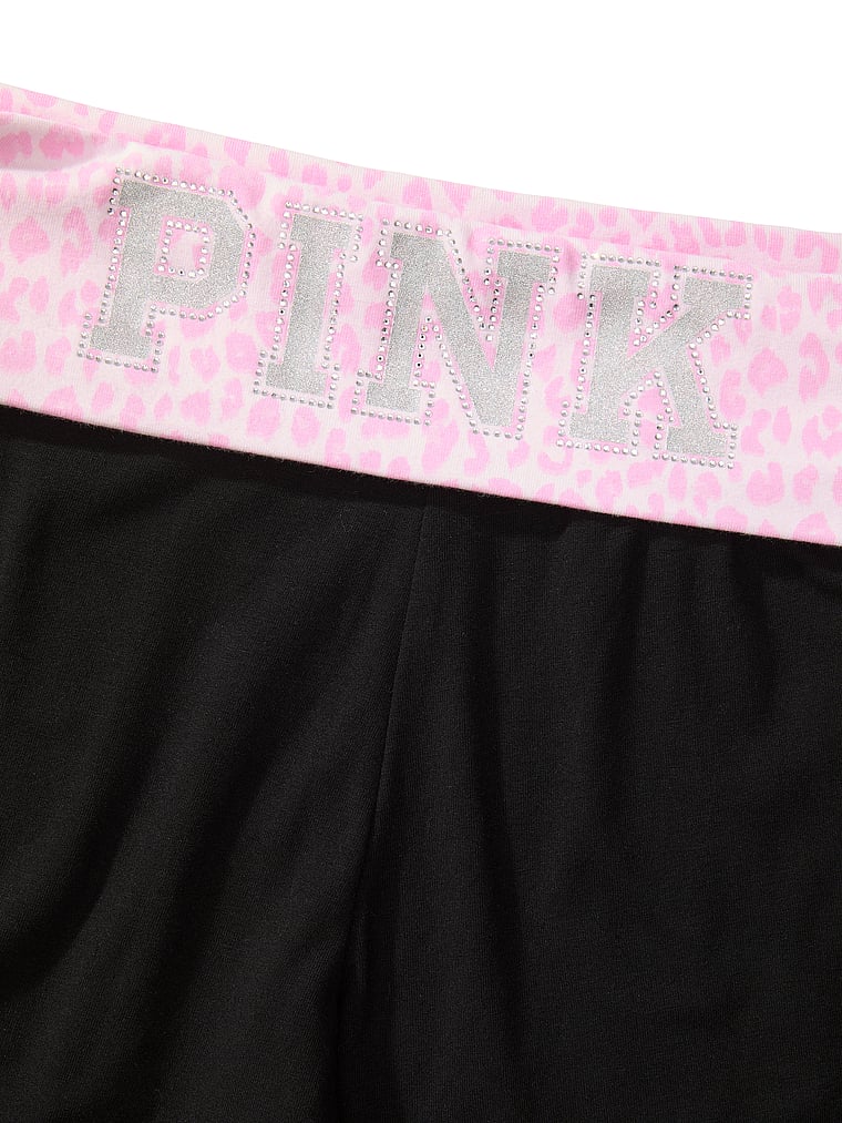 PINK All-Day Cotton™ Foldover Wide-Leg Pants, Pure Black Pink Leopard With Bling Waistband, detail, 4 of 4