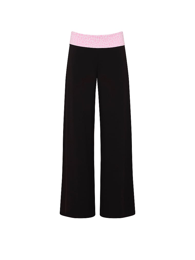 PINK All-Day Cotton™ Foldover Wide-Leg Pants, Pure Black Pink Leopard With Bling Waistband, offModelFront, 3 of 4