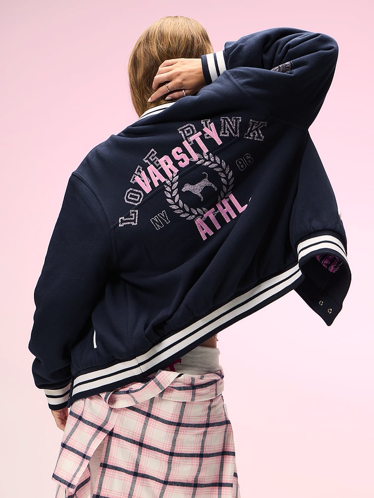 PINK Varsity Bomber Jacket, Noir Navy Icons, onModelSide, 3 of 4