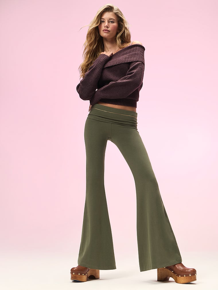 PINK All-Day Cotton™ Foldover Super Flare Leggings, Artichoke Green, onModelSide, 3 of 4