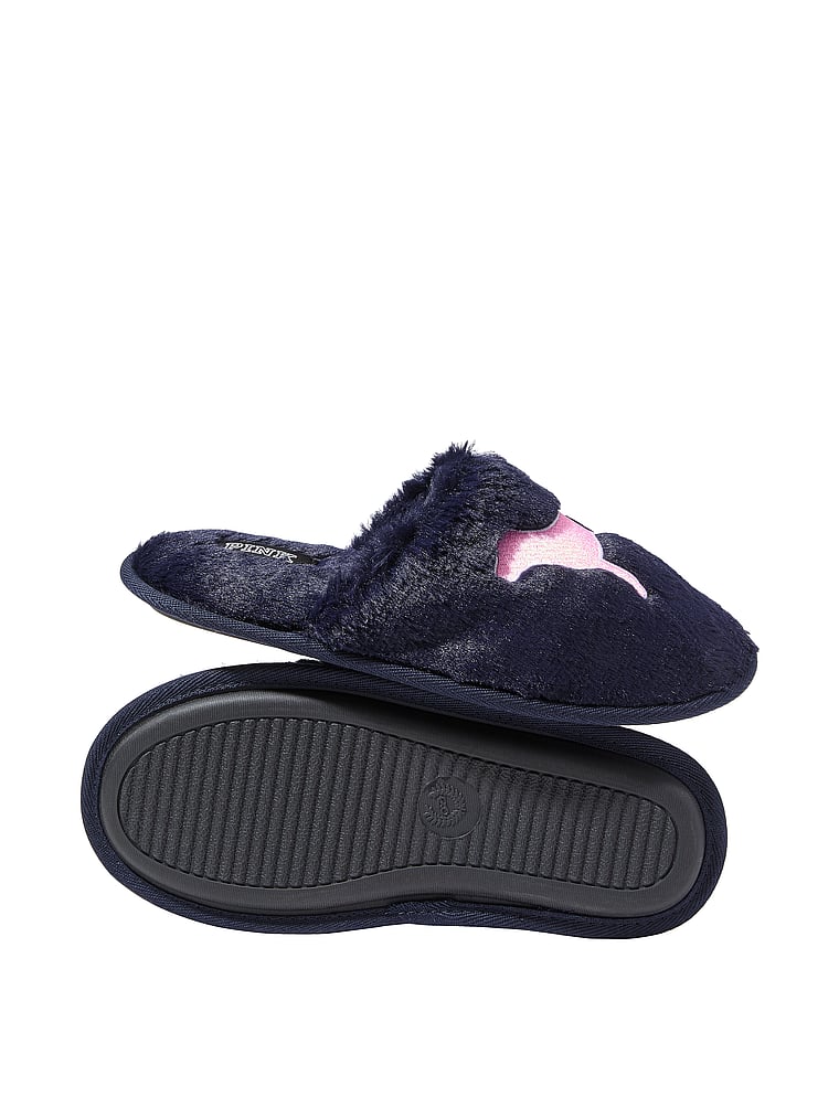 PINK Faux-Fur Closed-Toe Slippers, Striped Logo, offModelBack, 2 of 2
