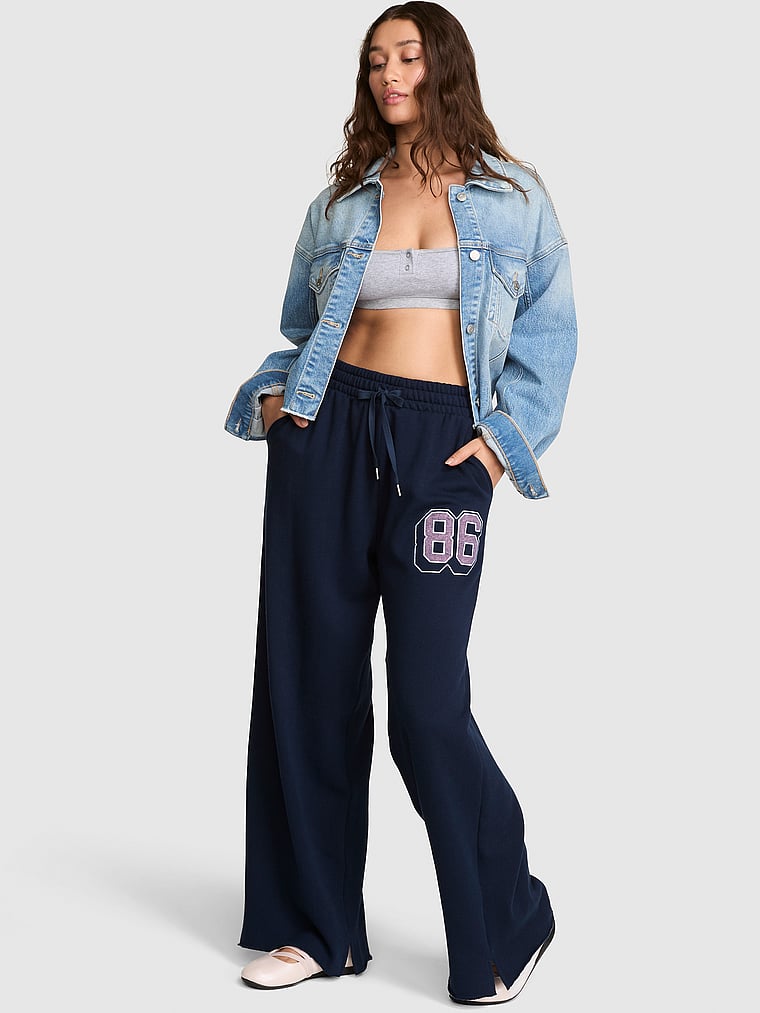 PINK Campus Fleece™ Wide-Leg Split-Hem Sweatpants, Noir Navy Icons, onModelFront, 1 of 3