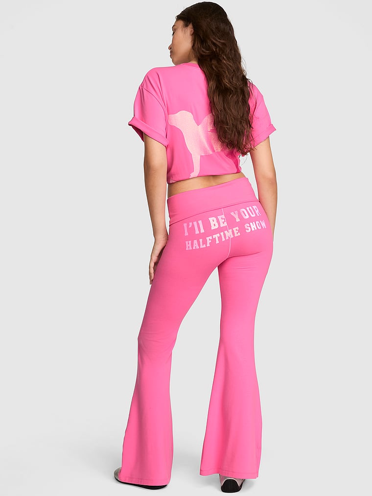 PINK All-Day Cotton™ Foldover Super Flare Leggings, PINK Halftime Show Hollywood Pink, onModelBack, 3 of 4