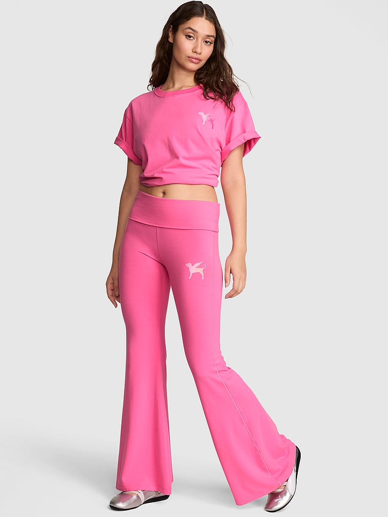 PINK All-Day Cotton™ Foldover Super Flare Leggings, PINK Halftime Show Hollywood Pink, onModelFront, 2 of 4
