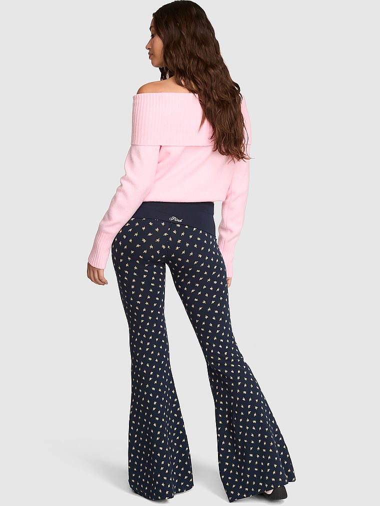 PINK All-Day Cotton™ Foldover Super Flare Leggings, Navy Ditsy Floral, onModelBack, 2 of 4
