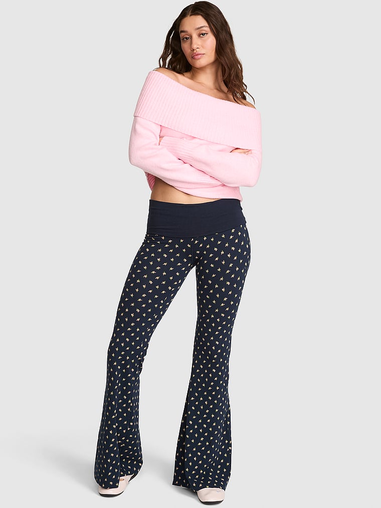 PINK All-Day Cotton™ Foldover Super Flare Leggings, Navy Ditsy Floral, onModelFront, 1 of 4