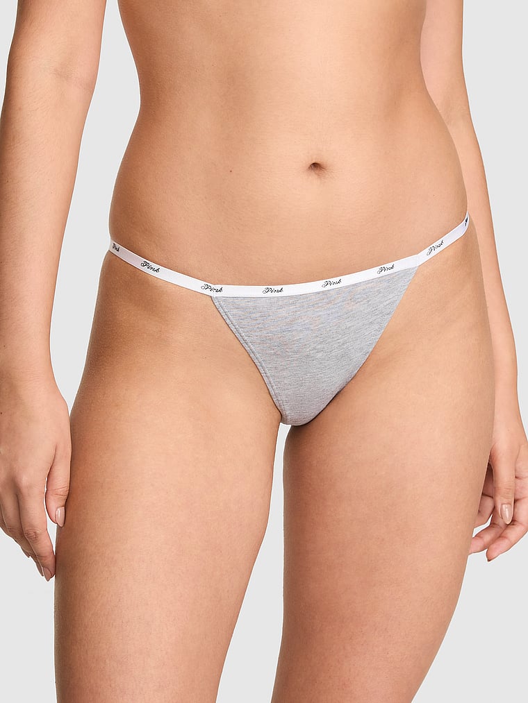 PINK Cotton Ultra Low-Rise Thong Panty, Medium Heather Grey, onModelFront, 1 of 3