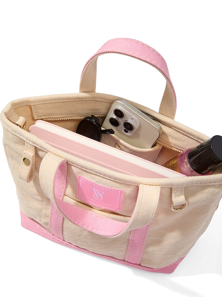Victoria's Secret, Victoria's Secret VS Icon Mini Canvas Tote Bag, Natural With Pink, onModelBack, 2 of 4