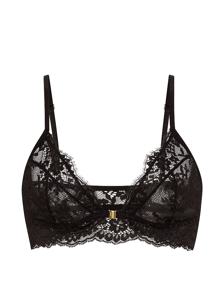 Victoria's Secret, Dream Angels Lace Unlined Front-Close Bralette, Black, offModelFront, 3 of 3