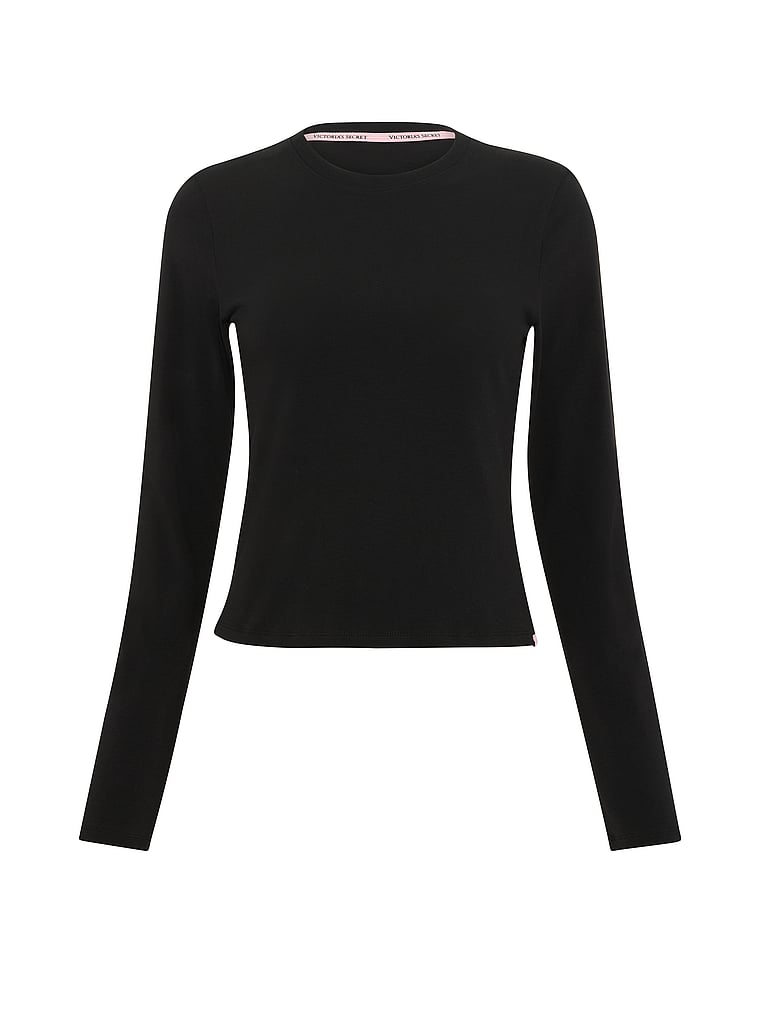 Victoria's Secret, Angel Essentials Stretch Cotton Fitted Long-Sleeve Tee, Black Hembiter, offModelFront, 3 of 3