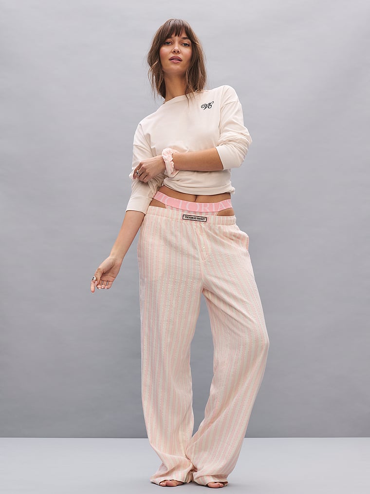 Victoria's Secret, Victoria's Secret CozyFlannel™ Long Tee-Jama & Scrunchie Set, White & Pink Shimmer Heritage Stripes, onModelSide, 5 of 5 Ari is 5'9" or 175cm and wears S/Regular