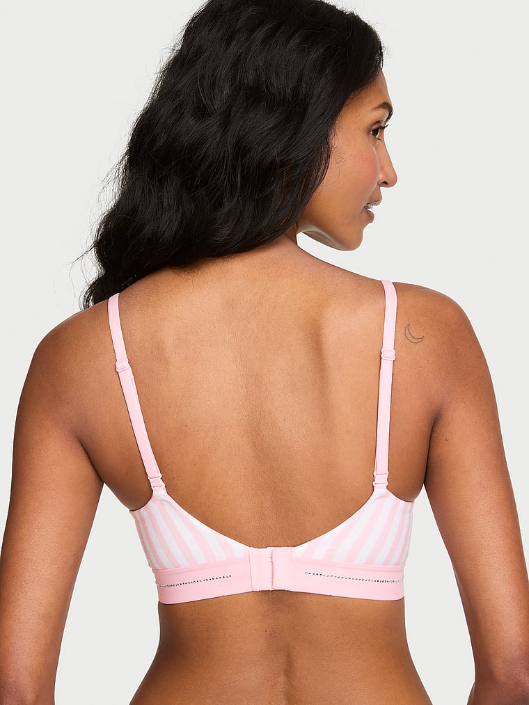 Victoria's Secret, The T-shirt Lace Shine Logo Lightly Lined Balconette Bra, Iconic Pink Stripes, onModelBack, 2 of 4