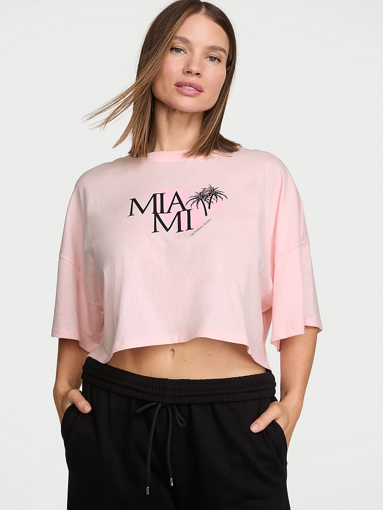 Victoria's Secret, Angel Essentials 100% Cotton  Oversize Crop Tee, Pink, onModelFront, 1 of 3