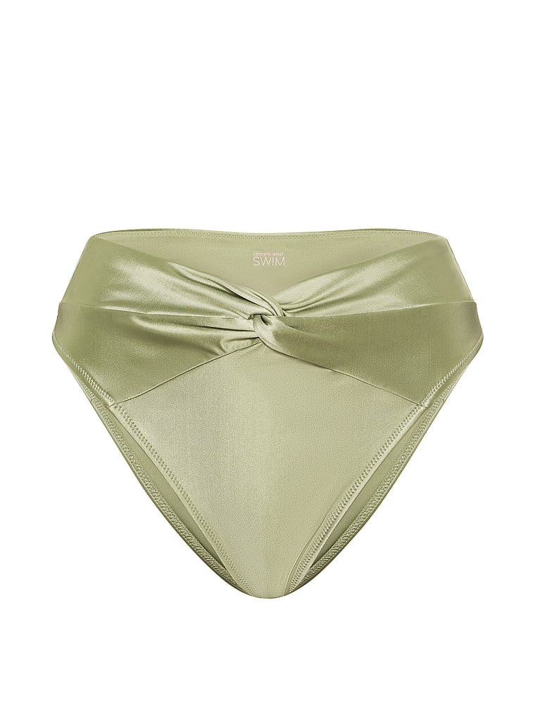 Victoria's Secret, Victoria's Secret Swim Satin Shine Twist High-Waist Cheeky Bikini Bottom, Fall Sage, offModelFront, 3 of 3