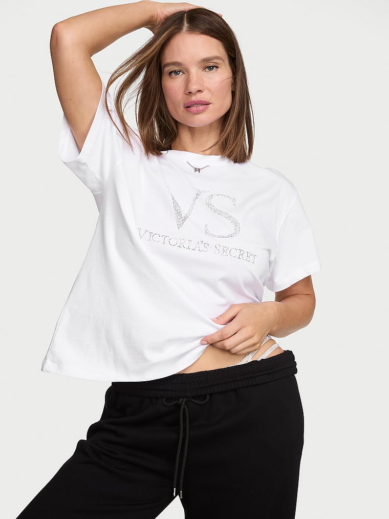 Victoria's Secret, Angel Essentials 100% Cotton Oversized Tee, VS White, onModelFront, 1 of 3