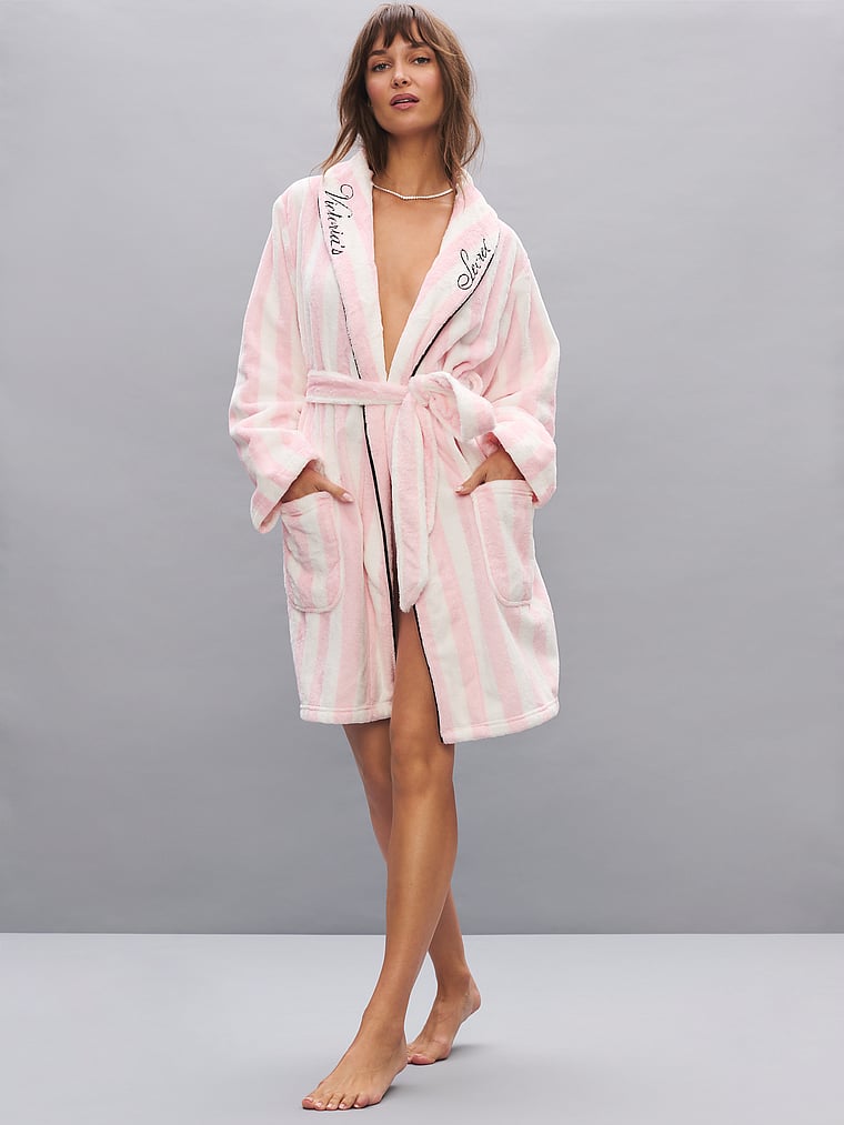 Victoria's Secret, Victoria's Secret Cozy Plush Robe, Pink Heritage Stripes, onModelSide, 1 of 4 Ari is 5'9" and wears Small