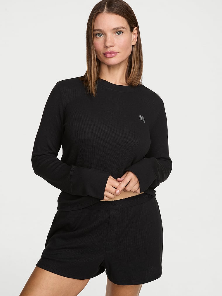 Waffle Knit Long-Sleeve Short Pajama Set