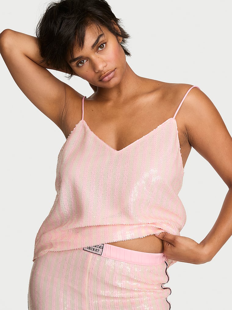 Victoria's Secret, Victoria's Secret Shine Shop Sequin Cami, Iconic Pink Stripes, onModelFront, 1 of 5