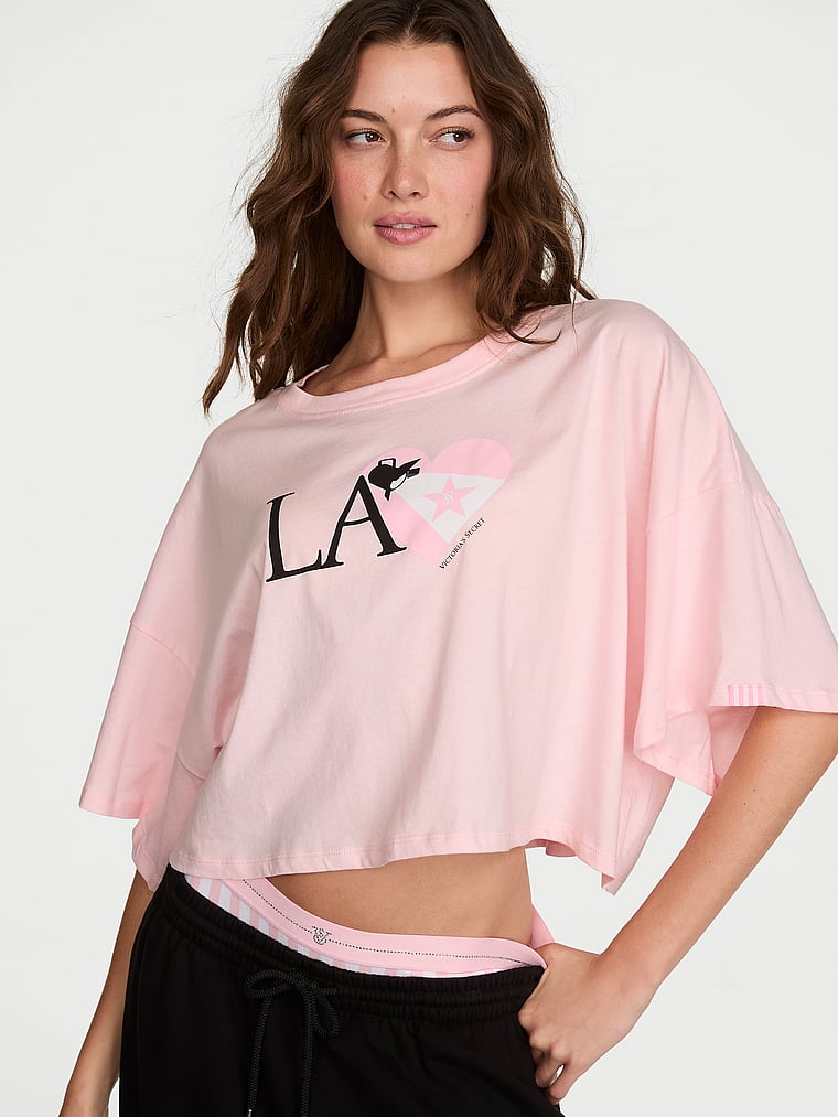 Victoria's Secret, Angel Essentials 100% Cotton  Oversize Crop Tee, Pink, onModelFront, 1 of 3 Kennidy is 5'11" or 180cm and wears Small