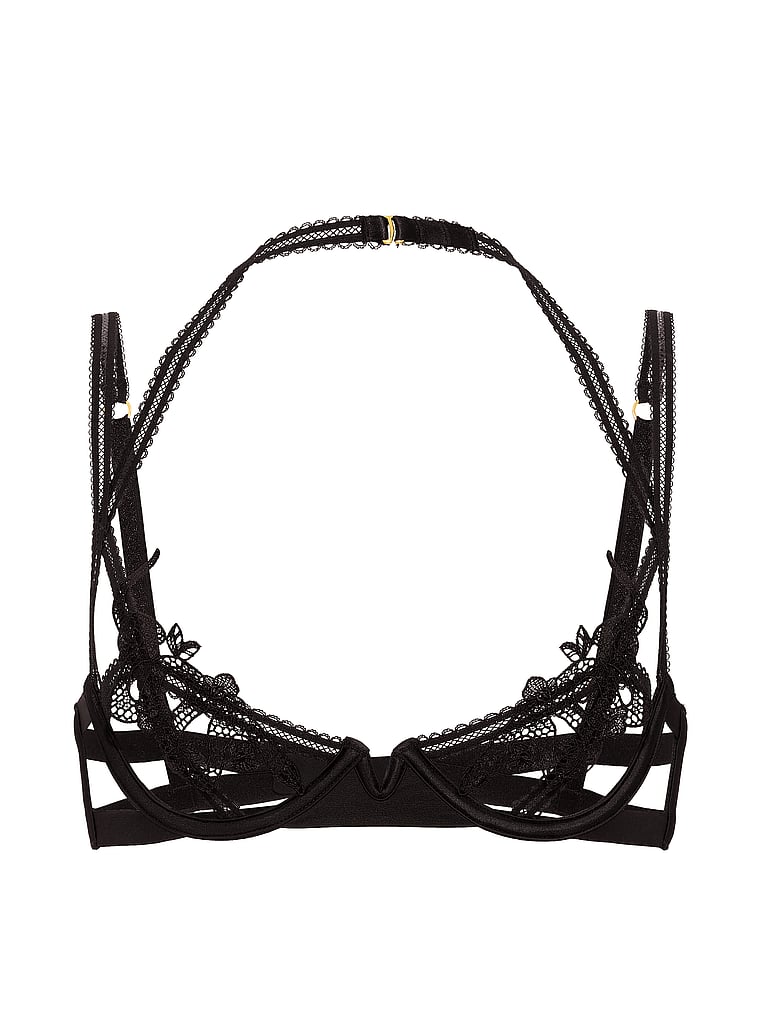 Victoria's Secret, Very Sexy Viper Embroidery Peekaboo Halter Demi Bra, Black, offModelFront, 3 of 3