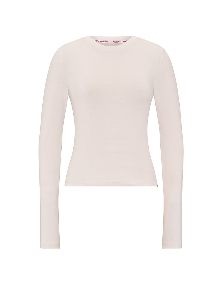 Victoria's Secret, Angel Essentials Stretch Cotton Fitted Long-Sleeve Tee, Coconut White Hembiter, offModelFront, 3 of 3