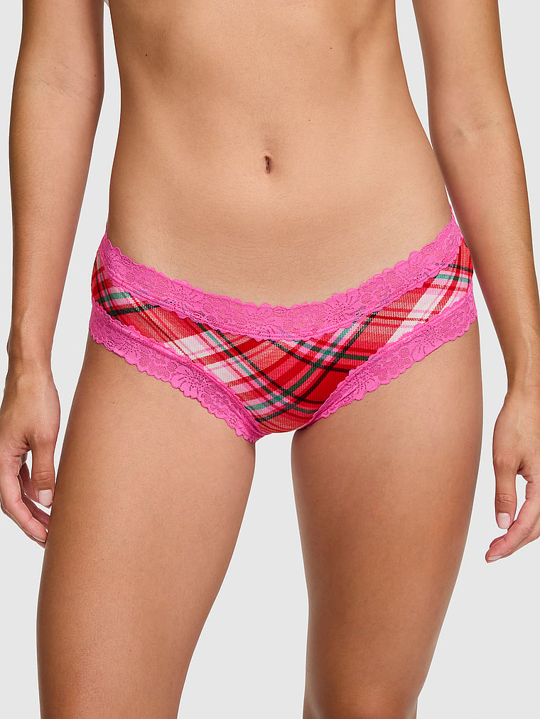 PINK PINK Wink™ Lace-Trim Cotton Cheeky Panty, Bright Vermillion Plaid , onModelFront, 1 of 3