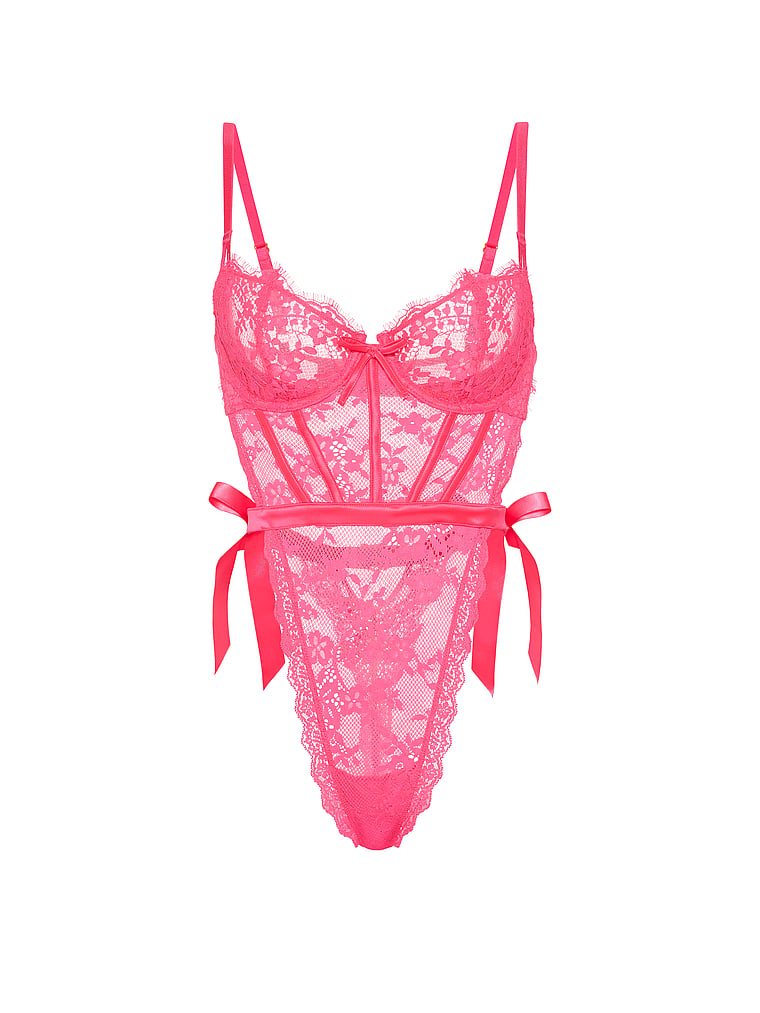 Victoria's Secret, Dream Angels Wicked Unlined Lace Teddy, Bombshell Pink, offModelFront, 3 of 3