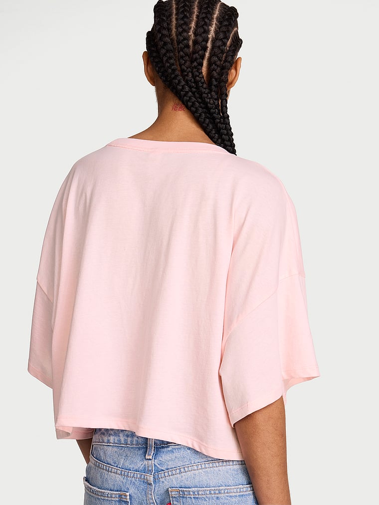 Victoria's Secret, Angel Essentials 100% Cotton  Oversize Crop Tee, Pink, onModelBack, 2 of 3 Anyeline is 5'10" or 178cm and wears Small