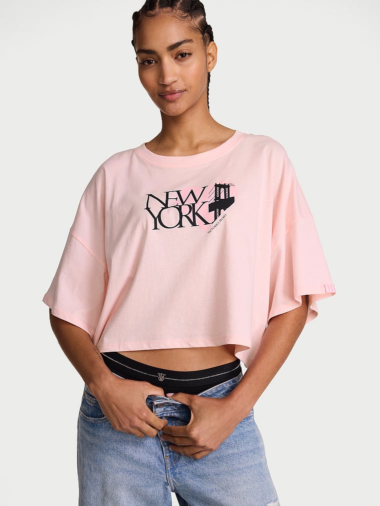 Victoria's Secret, Angel Essentials 100% Cotton  Oversize Crop Tee, Pink, onModelFront, 1 of 3 Anyeline is 5'10" or 178cm and wears Small