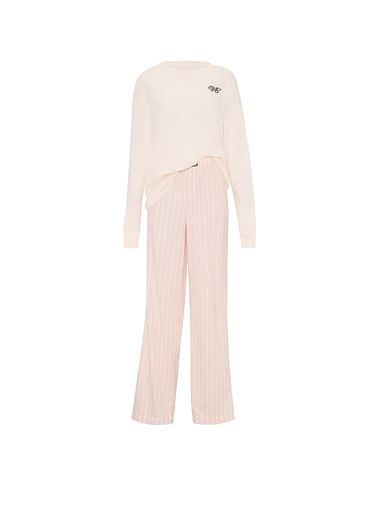 Victoria's Secret, Victoria's Secret CozyFlannel™ Long Tee-Jama & Scrunchie Set, White & Pink Shimmer Heritage Stripes, offModelFront, 3 of 5