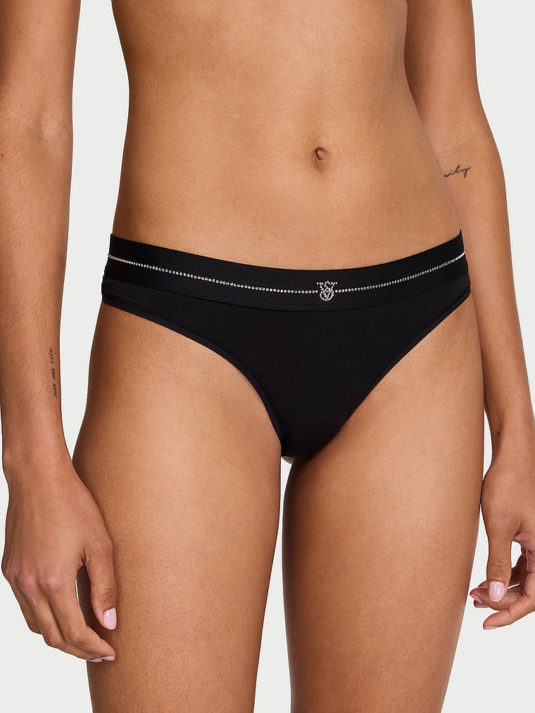 Victoria's Secret, Cotton Logo Cotton Strappy Thong Panty, Black, onModelFront, 1 of 4 Anyeline is 5'10" and wears Small