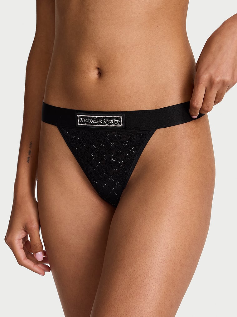 Victoria's Secret, Cotton Lace Shine Logo V-String Panty, Black, onModelFront, 1 of 4 Anyeline is 5'10" or 178cm and wears Small