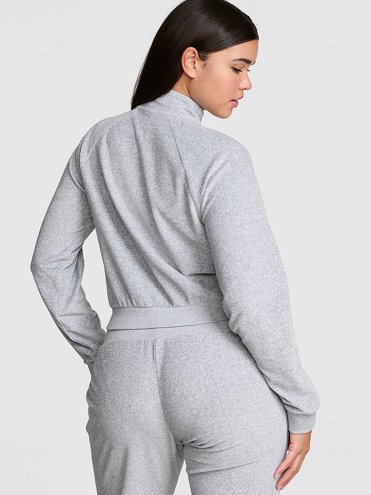 PINK Vintage Velour Mock-Neck Full-Zip Sweatshirt, Heather Grey, onModelBack, 2 of 5 Breanna is 5'8" or 173cm and wears Medium