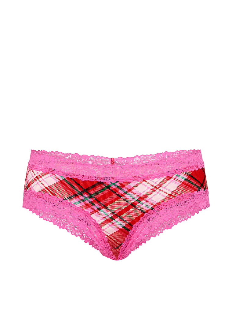 PINK PINK Wink™ Lace-Trim Cotton Cheeky Panty, Bright Vermillion Plaid , offModelFront, 3 of 3