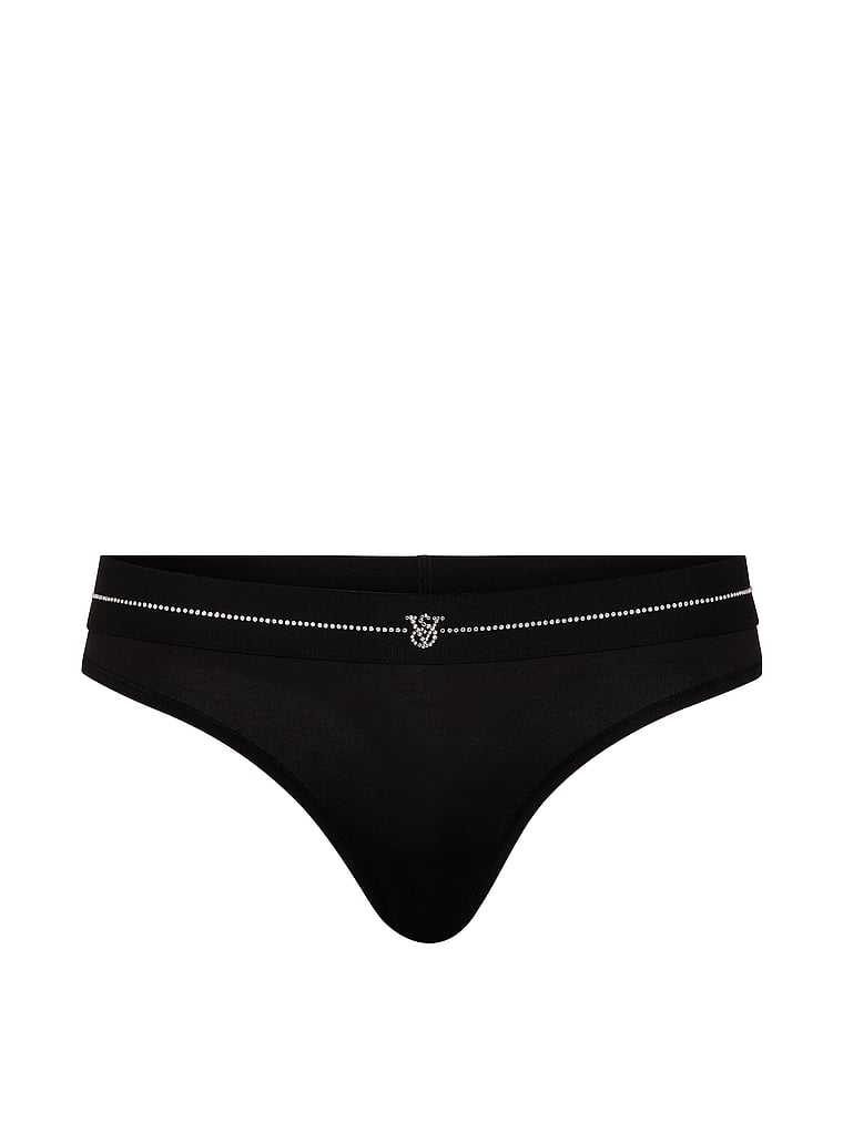 Victoria's Secret, Cotton Logo Cotton Strappy Thong Panty, Black, offModelFront, 3 of 4