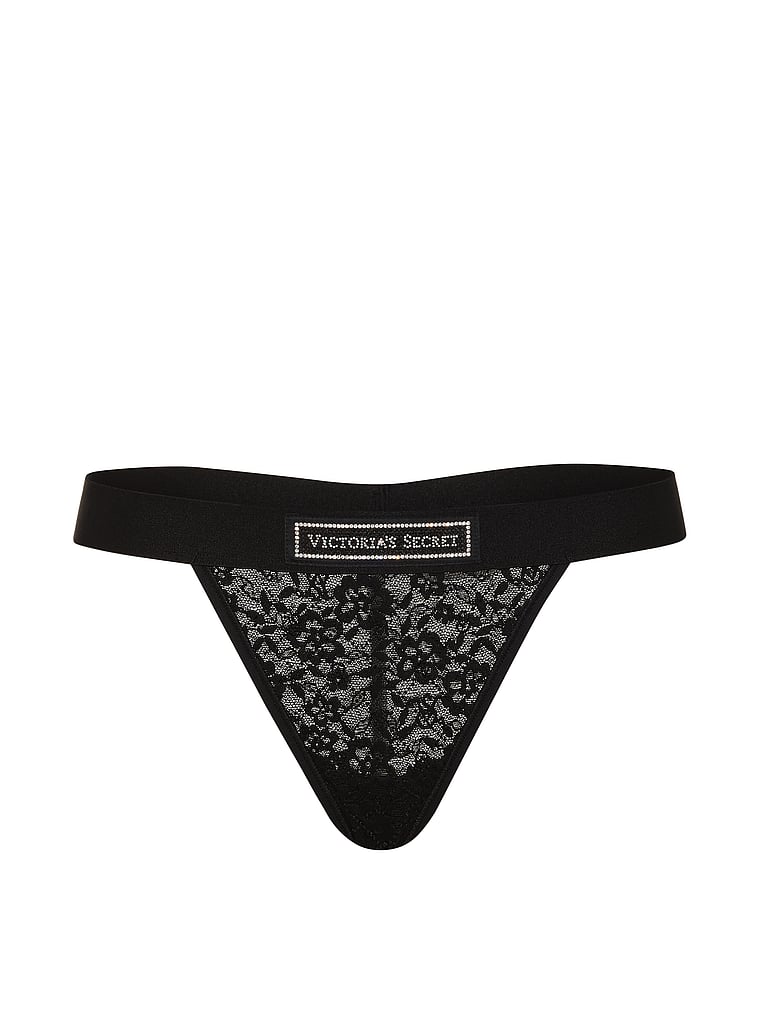 Victoria's Secret, Cotton Lace Shine Logo V-String Panty, Black, offModelFront, 4 of 4