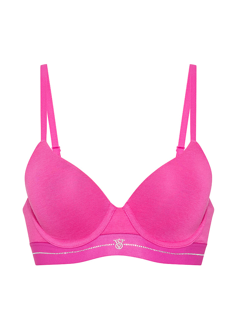 Victoria's Secret, The T-shirt Perfect Shape Cotton Lace-Trim Push-Up Bra, Pink Fire, offModelFront, 3 of 3