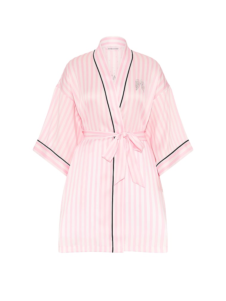 Victoria's Secret, Victoria's Secret Signature Satin Short Piped Robe, Iconic Pink Stripes, offModelFront, 4 of 6