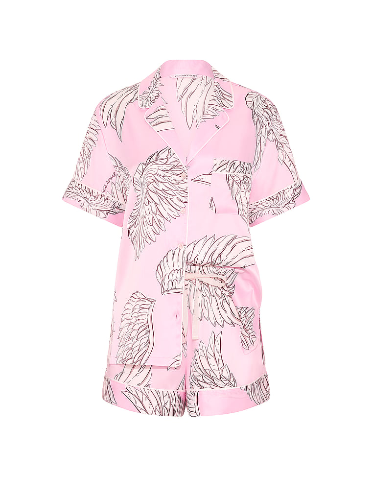 Victoria's Secret, Victoria's Secret Signature Satin Shine Short Pajama Set, Angel Pink Wings, offModelFront, 4 of 4