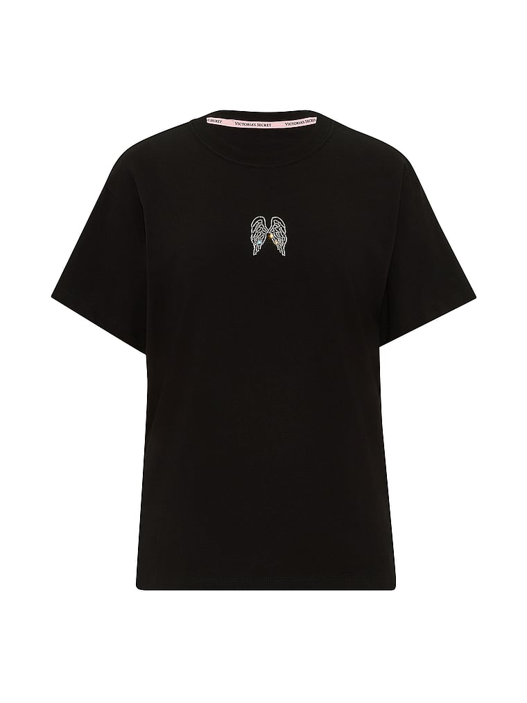Victoria's Secret, Angel Essentials 100% Cotton Oversized Tee, Black W/Graphic, offModelFront, 4 of 4