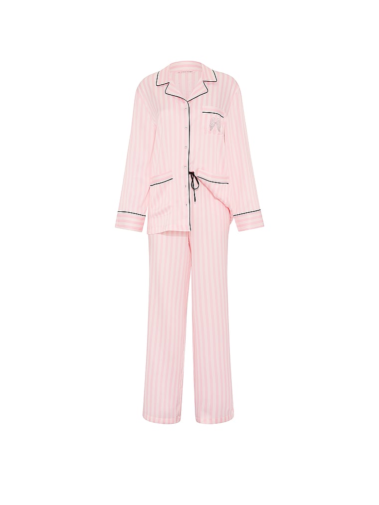 Victoria's Secret, Victoria's Secret Signature Satin Luxe Long Pajama Set, Iconic Pink Stripes, offModelFront, 4 of 5