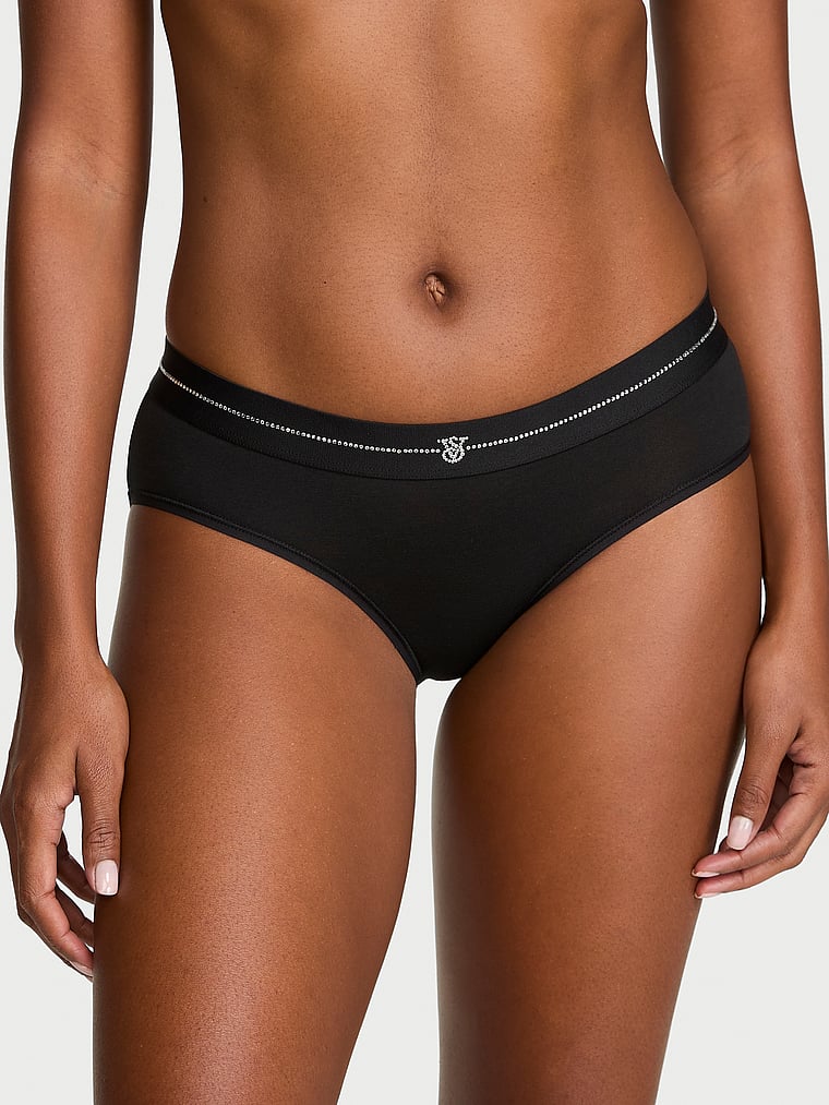 Victoria's Secret, Cotton Shine Logo Cotton Hiphugger Panty, Black, onModelFront, 1 of 4 Tsheca  is 5'9" or 175cm and wears Small